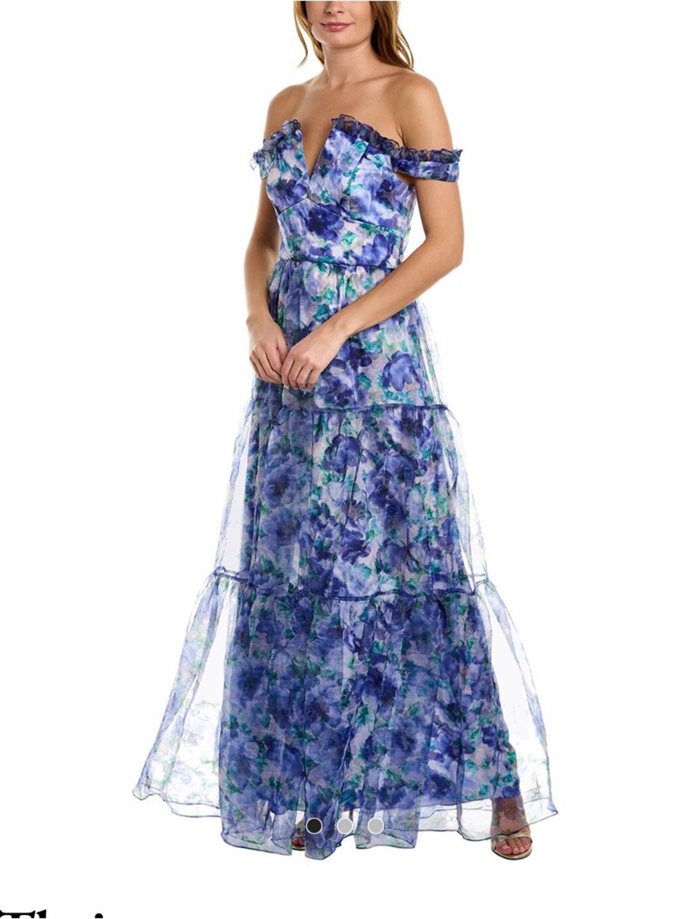 Theia size 2 organza overlay floral gown in blue, purple, and green
